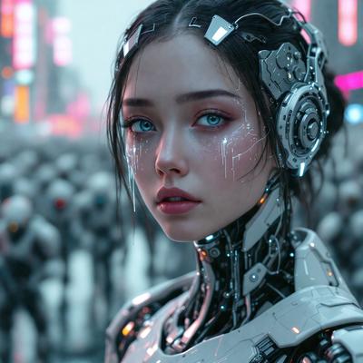 The primary subject of the image is a woman wearing a futuristic, high-tech outfit. She is the main focus of the scene. The setting is a city street with a backdrop of neon lights, creating a vibrant and futuristic atmosphere. The visual style is a combination of photo and digital art, giving the image a unique and intriguing appearance. The colors and mood are predominantly futuristic and technological, with a hint of mystery and allure.